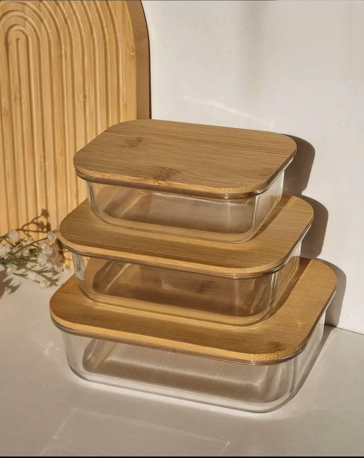 Kits de travessas de vidro com tampa de bambu
